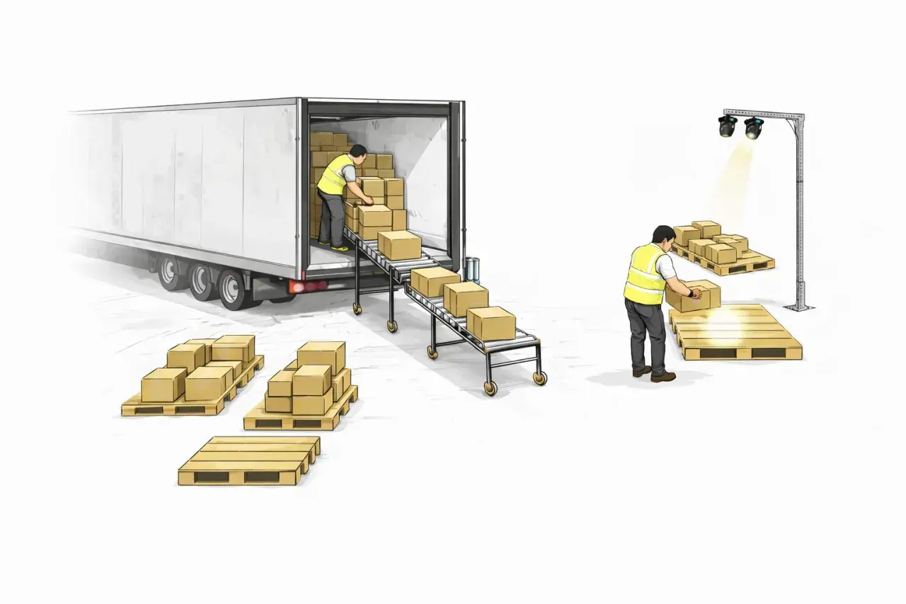 Lagerarbeiter beladen einen LKW per Förderband. Ein weiterer Mitarbeiter sortiert Pakete für den multi order picking Prozess.