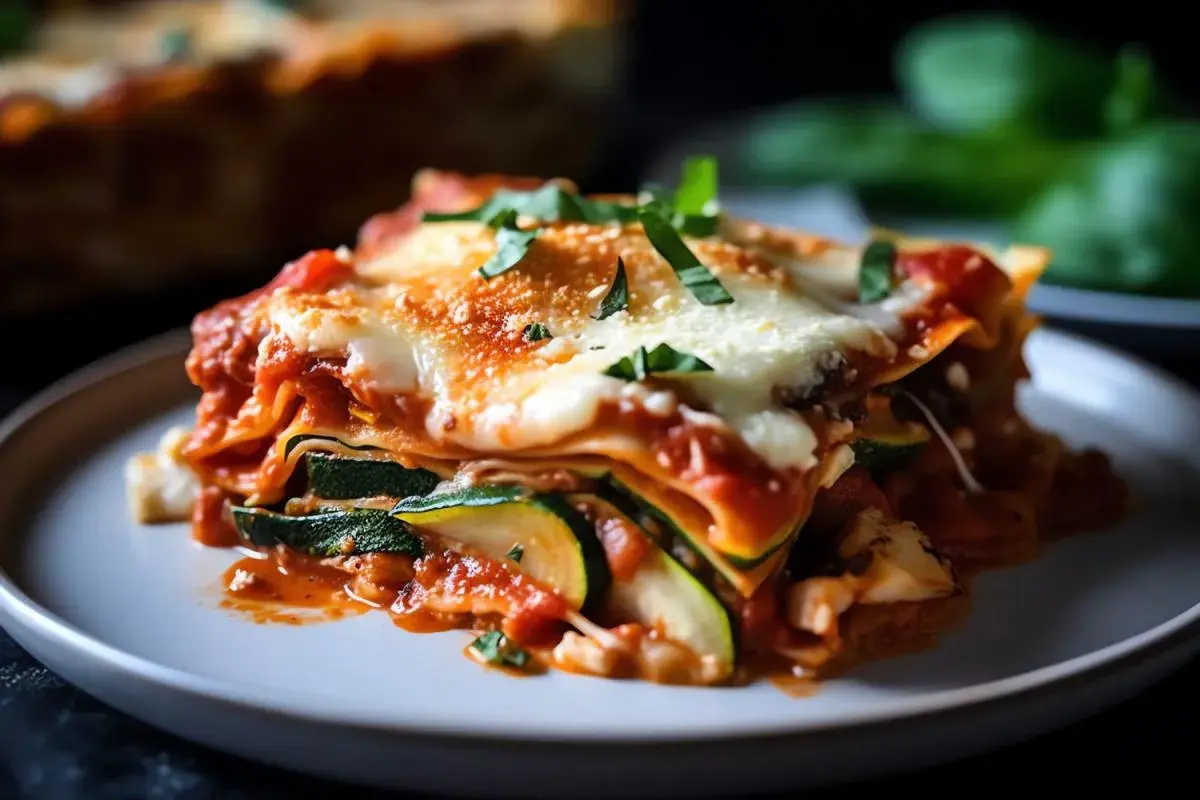 Une part généreuse de lasagne légume du soleil, avec des couches de courgettes, sauce tomate et fromage fondant, garnie de basilic frais.