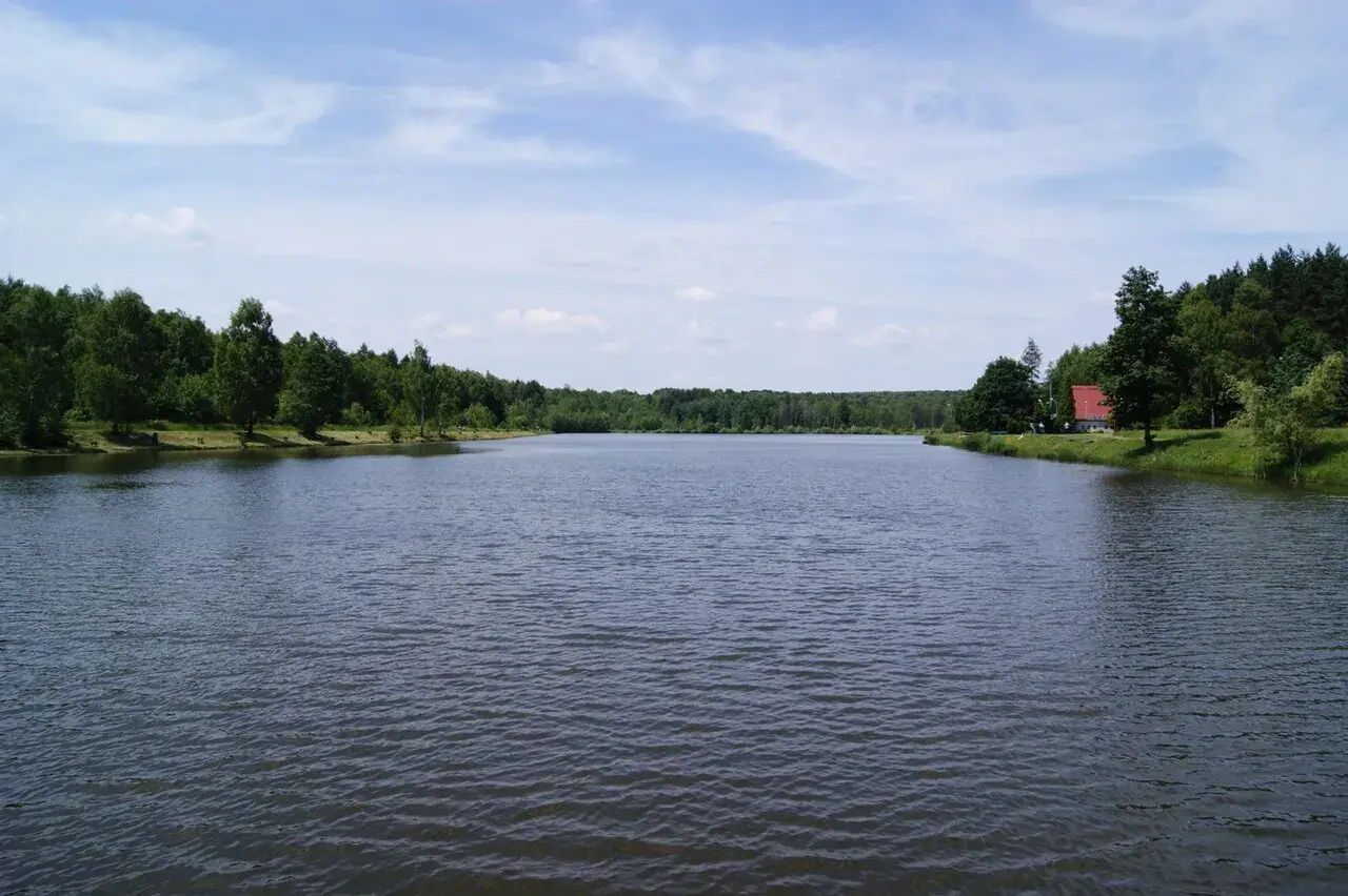 Spokojna tafla jeziora, otoczona zielenią lasów, z małym czerwonym domkiem na brzegu. Wesoła fala Mysłowice zaprasza do odpoczynku.