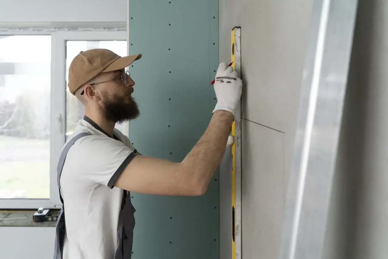 Operaio con livella e matita segna il muro per insonorizzare una stanza dai rumori esterni. Lavori di ristrutturazione in corso.