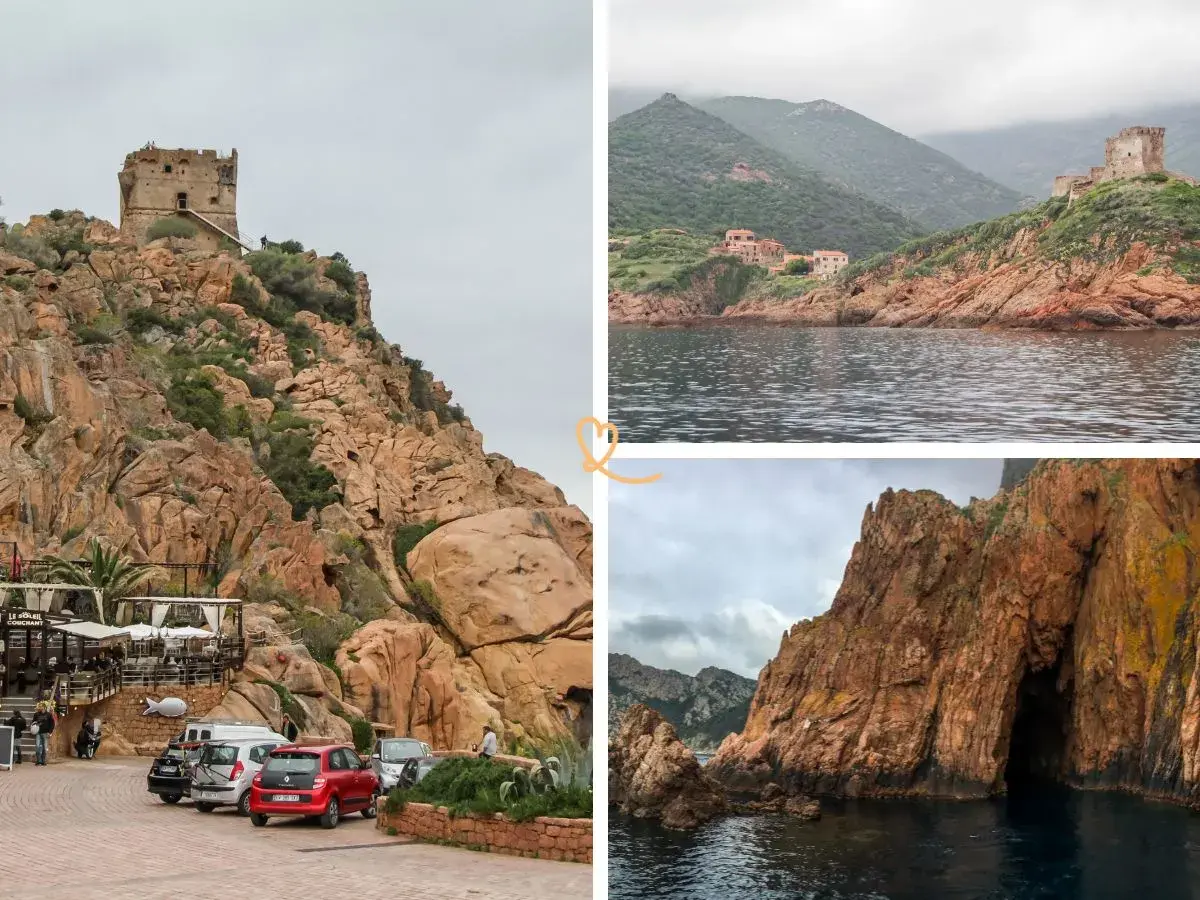 Vue de la tour génoise et des roches rouges spectaculaires de Porto Corse. La mer calme reflète le ciel couvert.