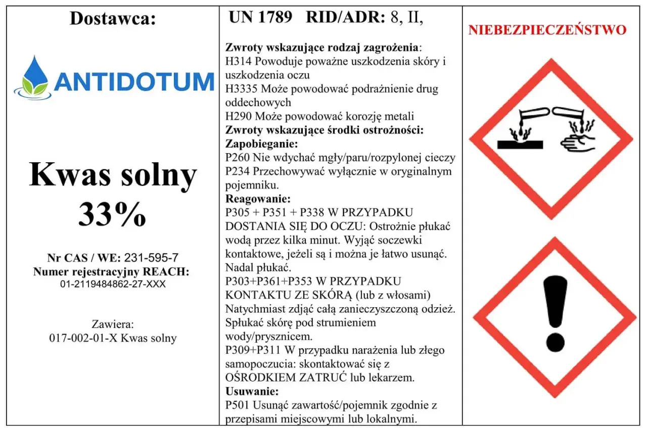 Etykieta ostrzegawcza dla kwasu solnego 33%, zawierająca piktogramy zagrożenia i instrukcje dotyczące bezpieczeństwa.
