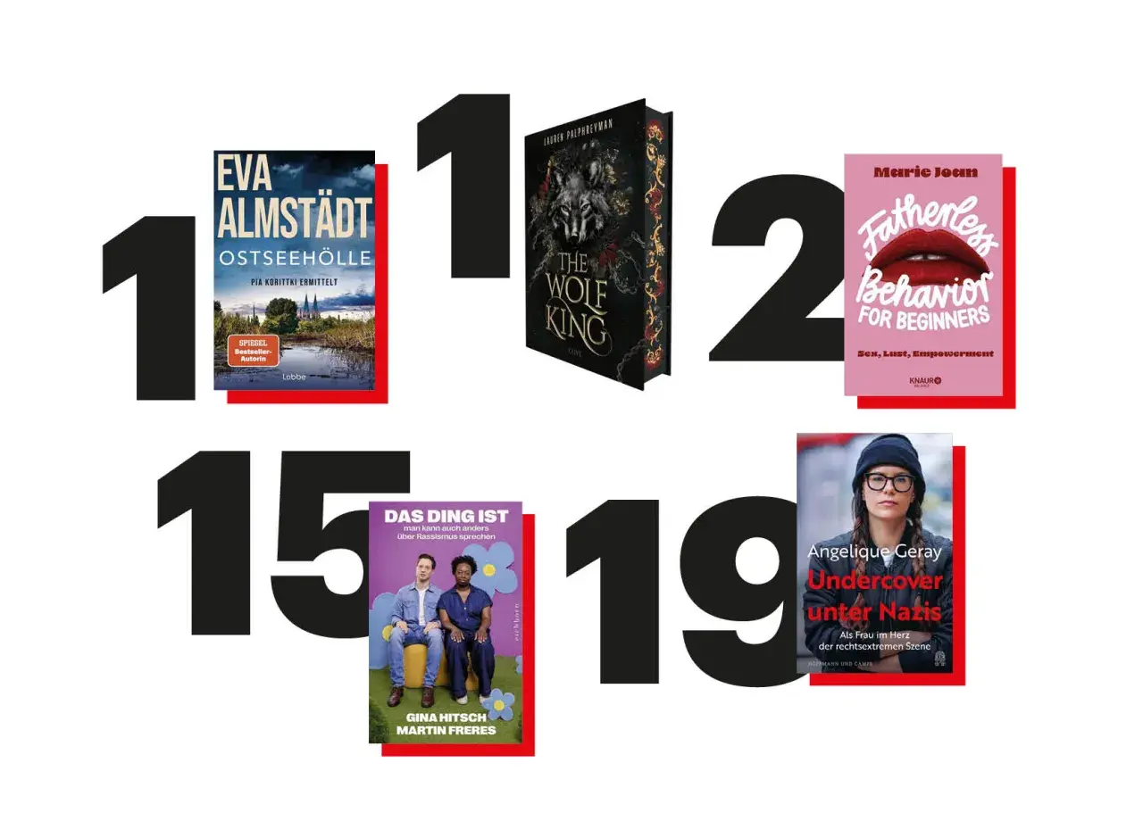 Bücherreihenfolge: Eva Almstädt ermittelt, "The Wolf King", "Fatherless Behavior for Beginners", "Das Ding ist", "Undercover unter Nazis".