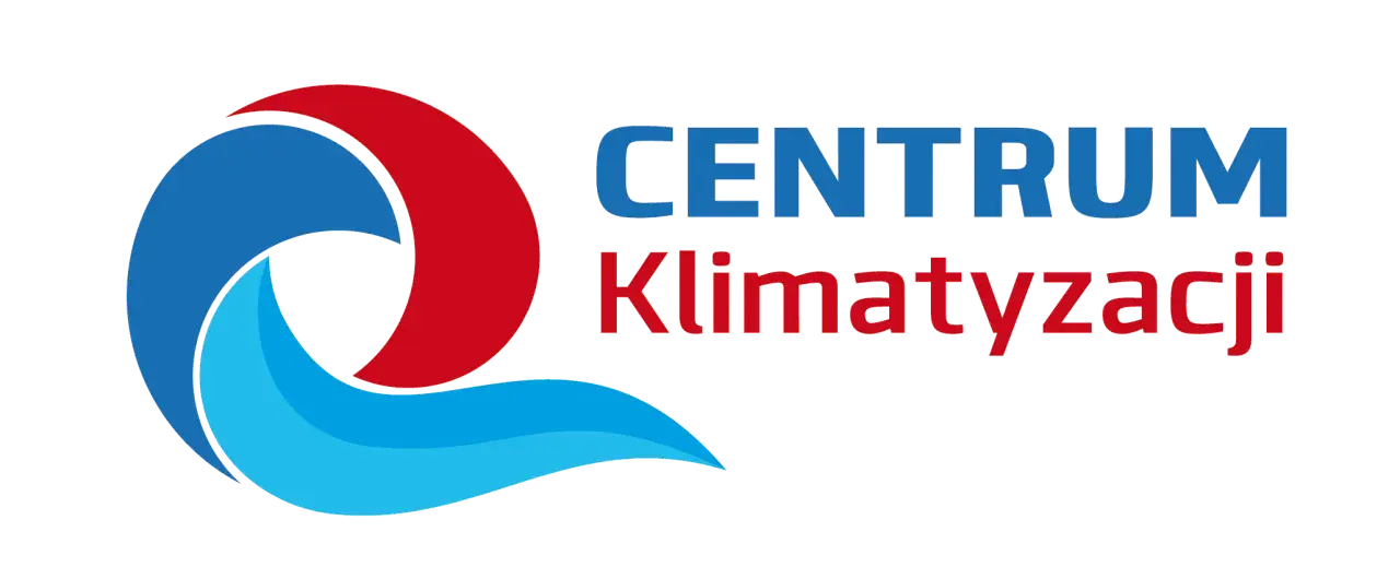 Logo "Centrum Klimatyzacji" z niebiesko-czerwonym symbolem i tekstem.