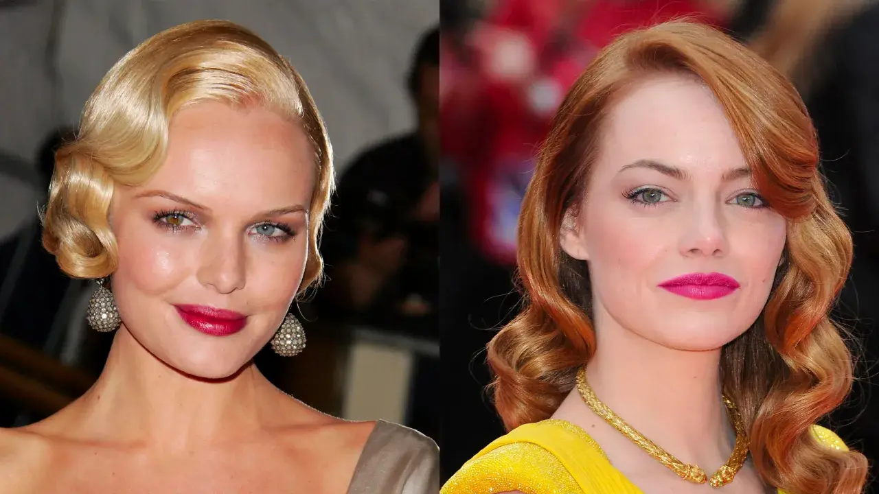 Dos mujeres con peinados años 20: una rubia con ondas marcadas y otra pelirroja con rizos elegantes.