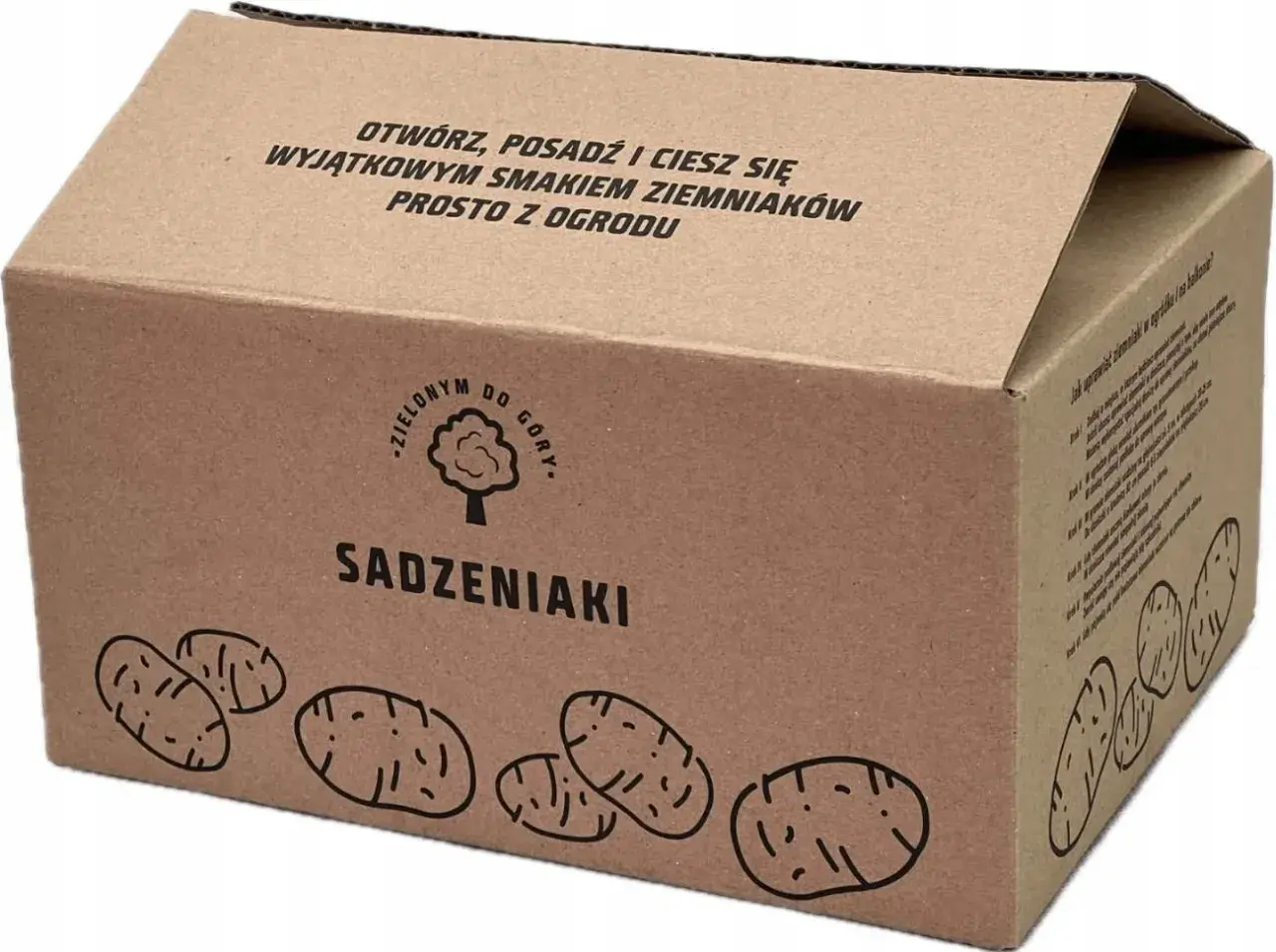 Pudełko z ziemniakami sadzeniakami. Napis "Otwórz, posadź i ciesz się wyjątkowym smakiem ziemniaków prosto z ogrodu". Z pewnością ziemniaki Corinna opinie będą pozytywne!