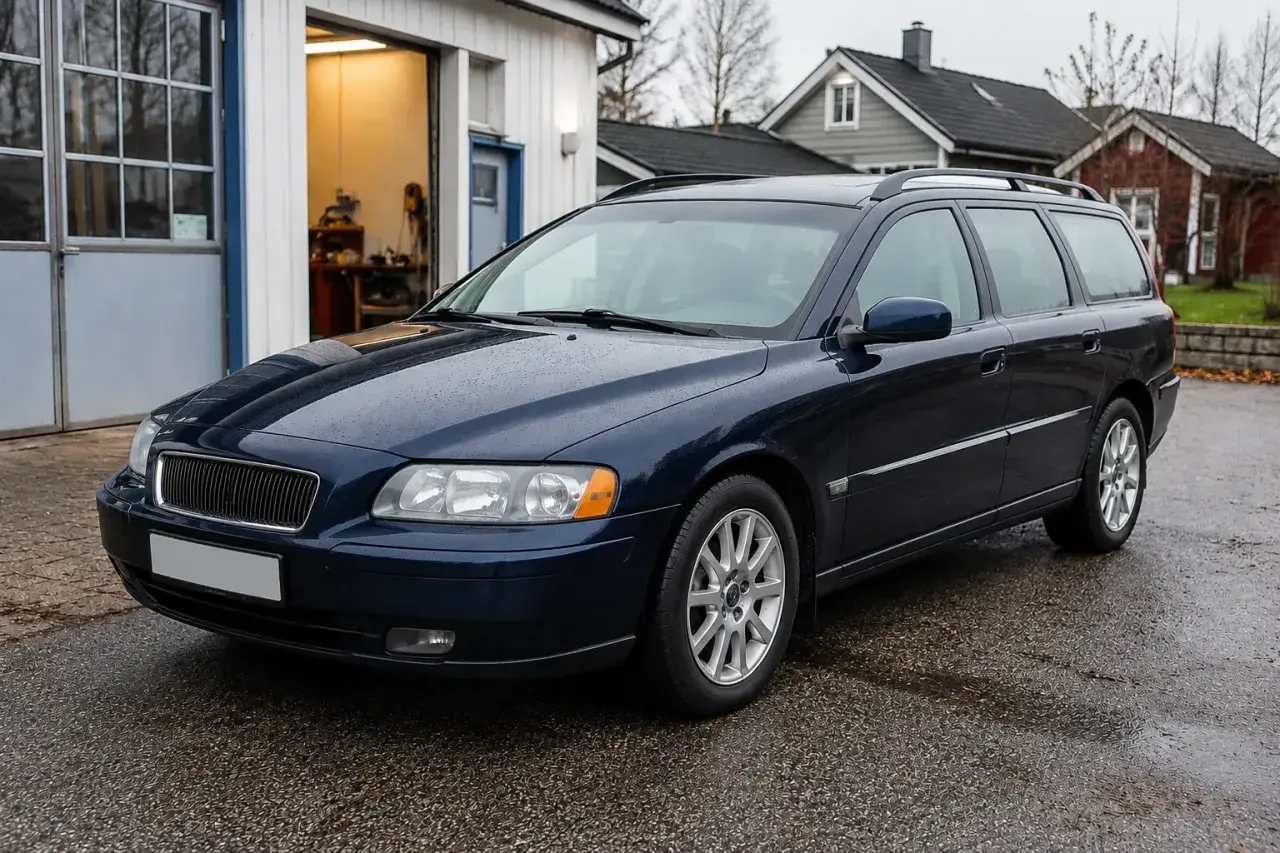 Mörkblå Volvo V70 2.0 Flexifuel står parkerad utanför en verkstad. Kanske är det ett problem med bilen som behöver åtgärdas.