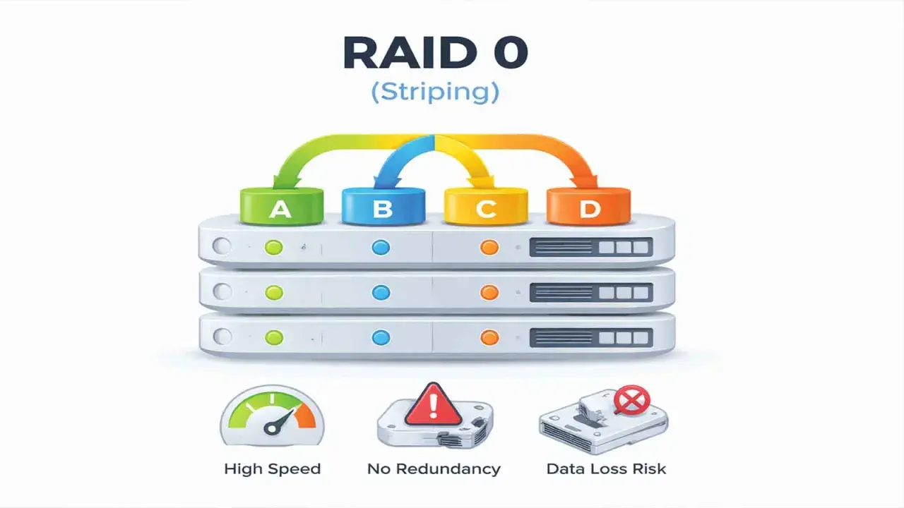 Schemat RAID 0 (Striping) pokazuje dane rozłożone na dyski A, B, C, D. Zapewnia wysoką prędkość, ale brak redundancji i ryzyko utraty danych.