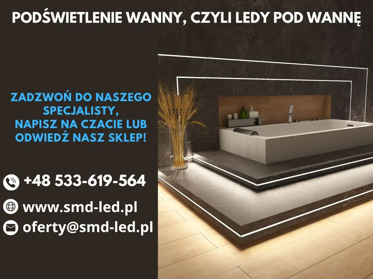 Nowoczesna łazienka z wanną i subtelnym podświetleniem LED. Skontaktuj się z nami, by stworzyć własną oazę spokoju.