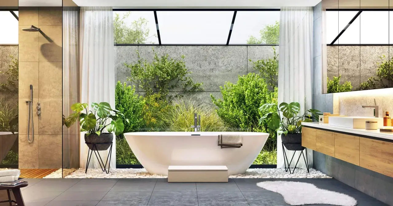 Modernes Badezimmer mit freistehender Wanne, Dusche und viel Grün. Eine wahre **Badezimmer Wellness Oase** mit Blick ins Grüne.