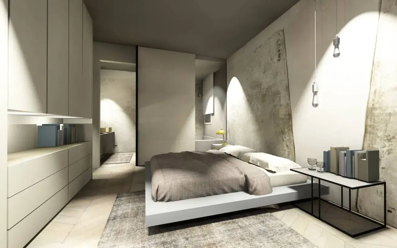 Camera da letto moderna con un elegante bagno in camera. Arredamento minimalista, luci soffuse e un'atmosfera rilassante.