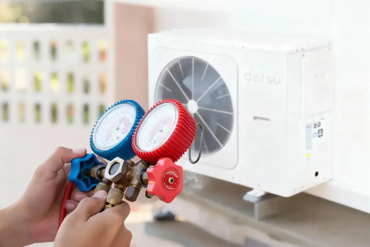 Manos sostienen manómetros conectados a un aire acondicionado Daitsu. Los aires acondicionados vienen con gas, esencial para su funcionamiento.