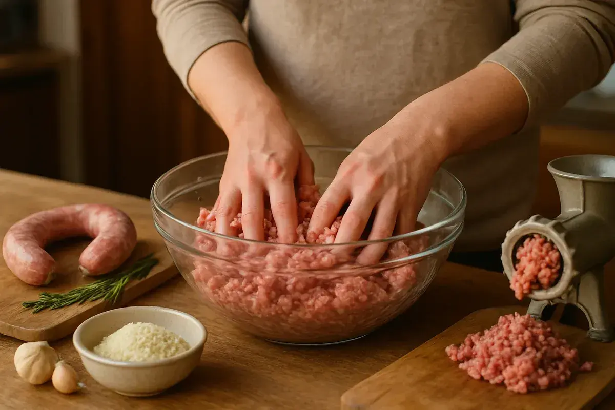 Préparation d'une recette avec du saucisson sec. Mains mélangeant de la viande hachée dans un bol, avec des ingrédients comme de l'ail et du fromage râpé à proximité.