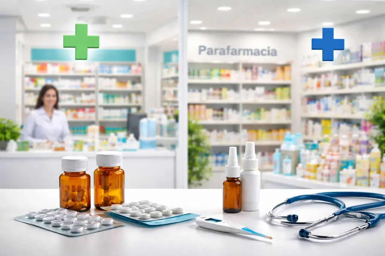 Farmacia con scaffali pieni di prodotti. Sul bancone, integratori, blister di pillole, spray nasali, termometro e stetoscopio. Gli integratori sono parafarmaci.