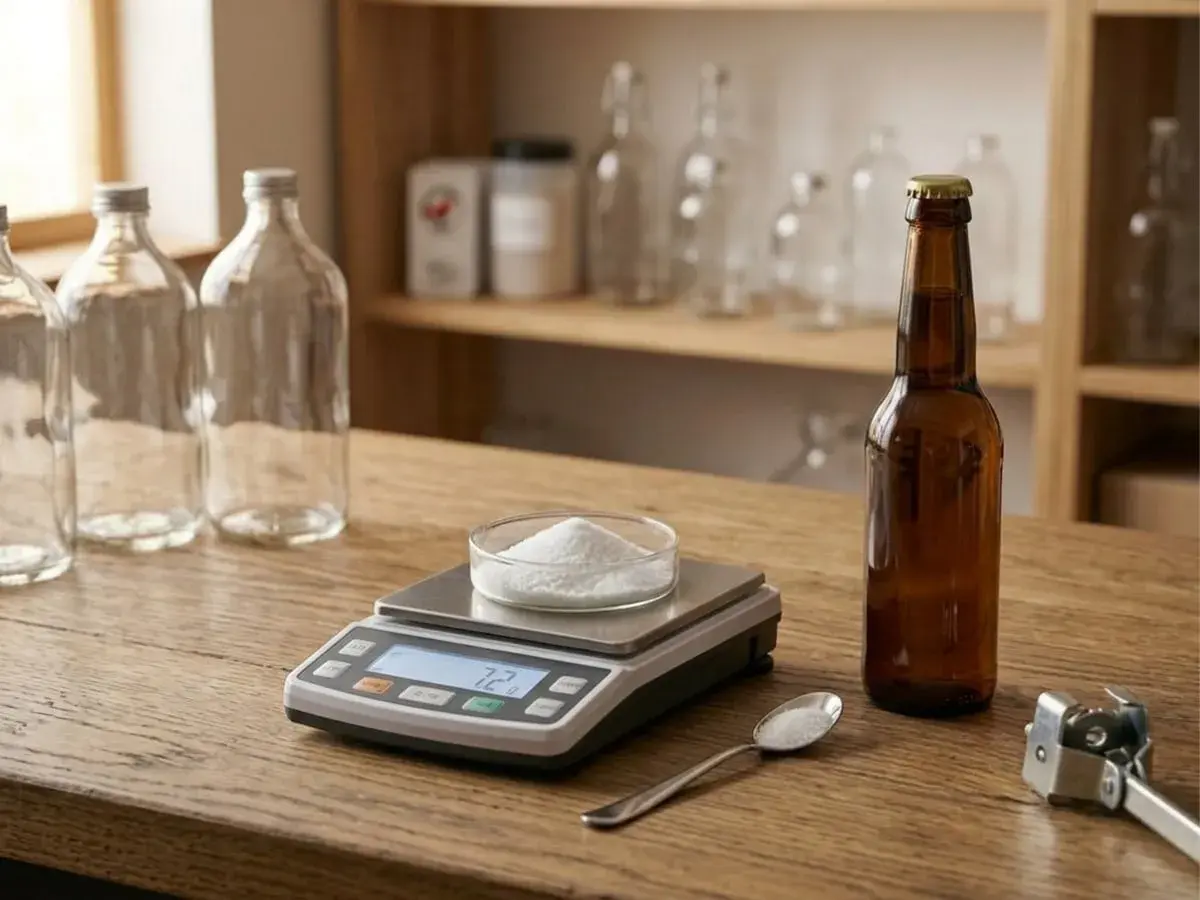 Balance de précision pesant une poudre blanche, peut-être la formule sucre pour une boisson. Bouteilles vides et une bouteille de bière ambrée à proximité.