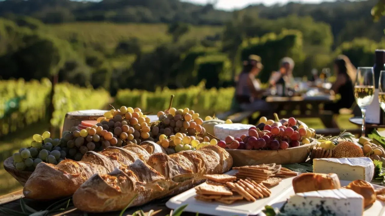 Un banchetto all'aperto tra i vigneti della Maremma: pane, formaggi, uva e vino, con persone che chiacchierano in lontananza.