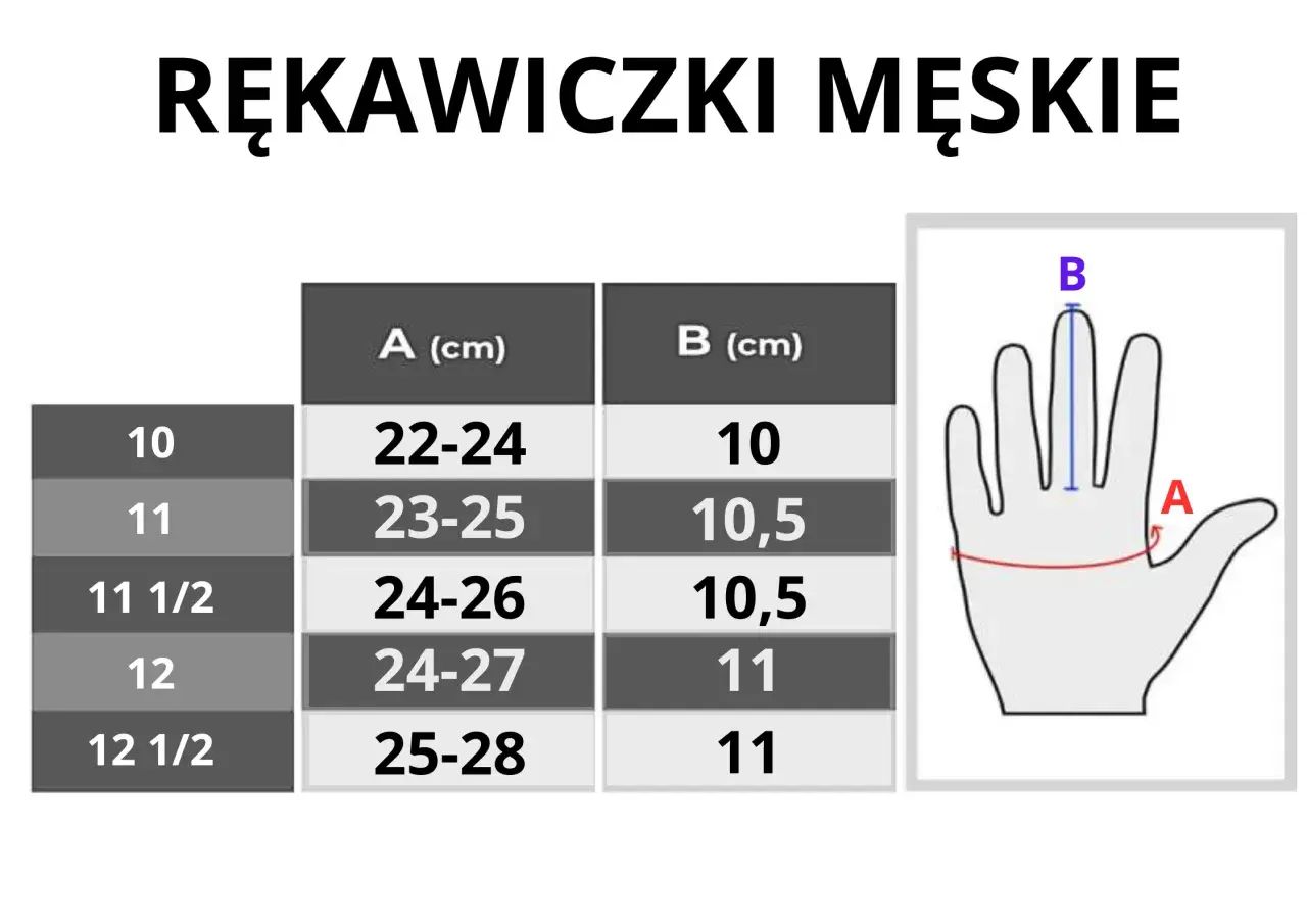 Tabela rozmiarów rękawiczek męskich z pomiarem obwodu dłoni (A) i długości palca środkowego (B).