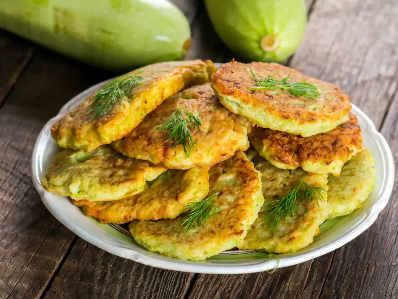 Pile de beignets de courgette dorés et moelleux, garnis de brins d'aneth frais, sur une assiette blanche. Deux courgettes vertes floues en arrière-plan.