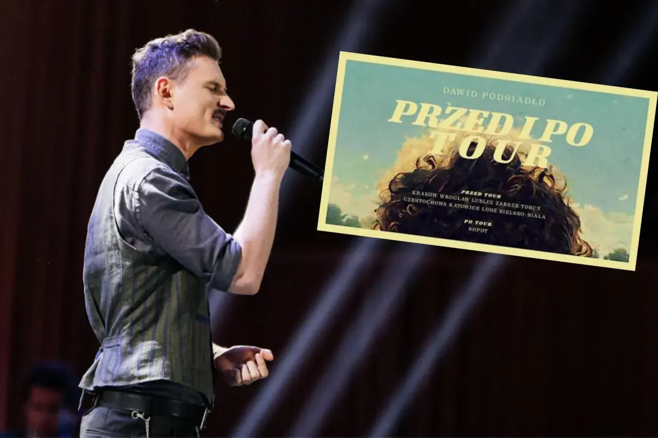 Dawid Podsiadło śpiewa na koncercie. Obok plakat "Przed i po Tour" z miastami i informacją o dawid podsiadło bilety cena.