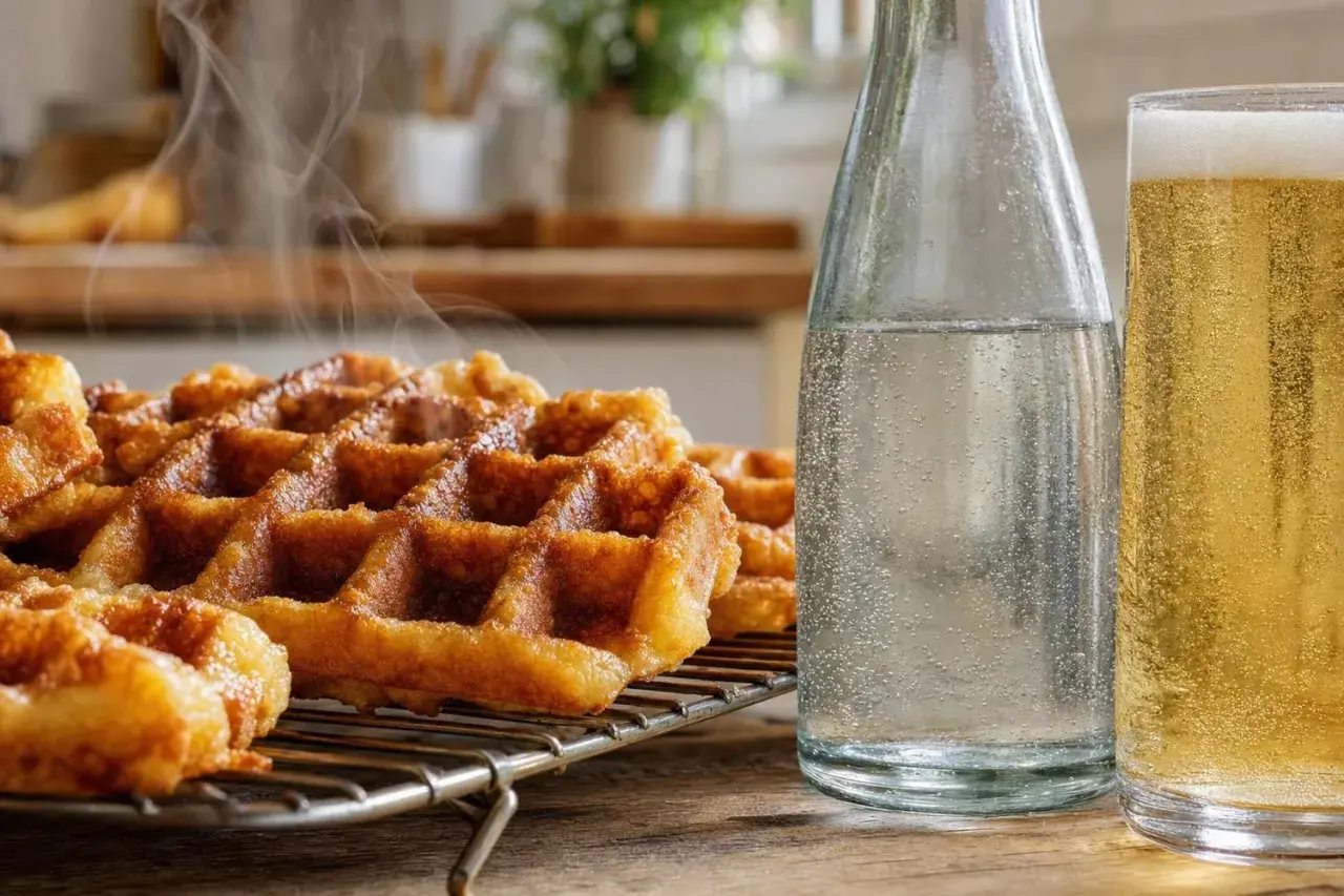 Gaufres croustillantes fumantes sur une grille, accompagnées d'une bouteille d'eau pétillante et d'un verre de bière dorée. Parfait pour une recette de gaufres croustillantes.