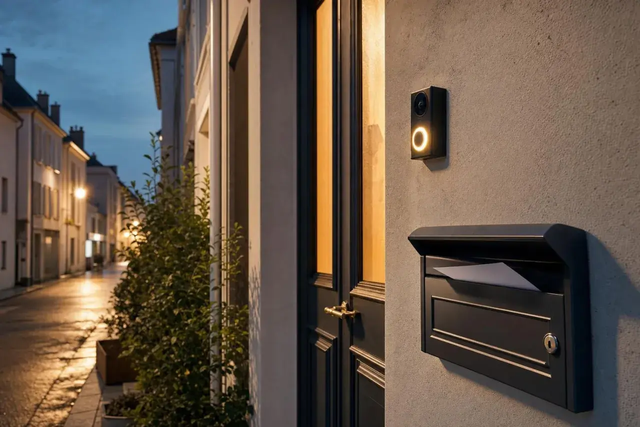 Sonnette connectée avec éclairage, boîte aux lettres et rue pavée la nuit. Un repérage discret pour dissuader tout cambriolage.