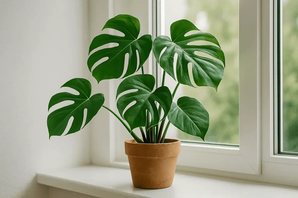 Grüne Monstera-Blätter in einem Terrakotta-Topf auf einer Fensterbank. Der ideale Standort für diese Pflanze ist hell, aber ohne direkte Sonneneinstrahlung.