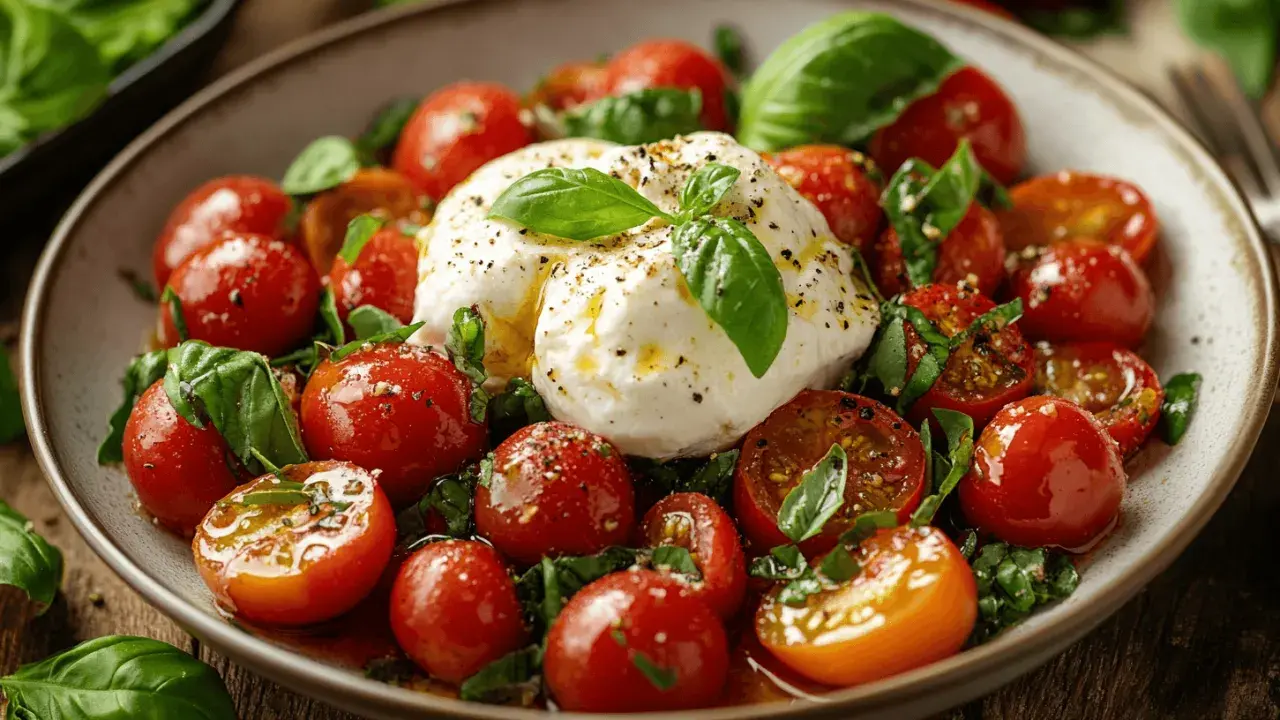 Burrata-Salat mit Kirschtomaten und Basilikum, beträufelt mit Olivenöl und Gewürzen.