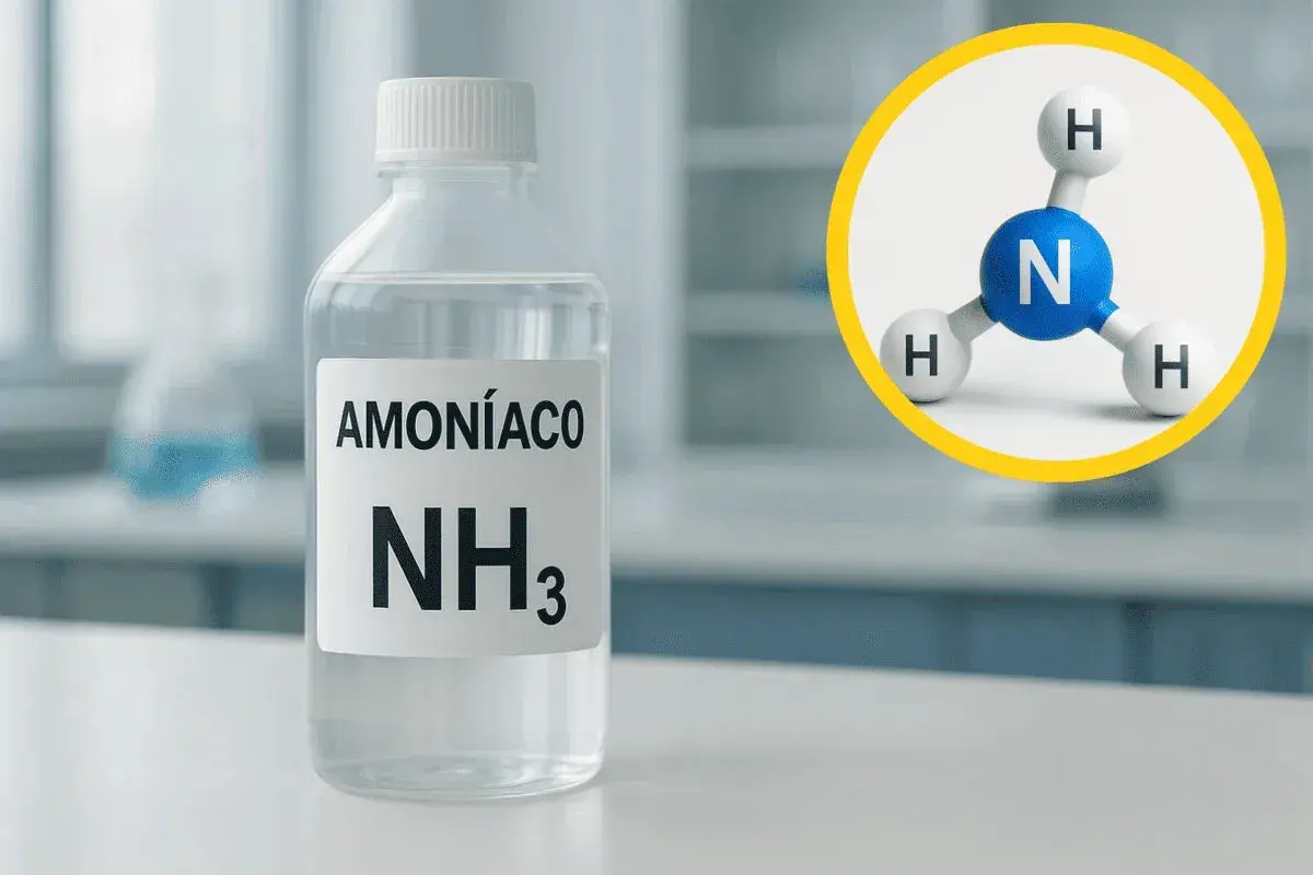 Botella con amoníaco (NH₃) y modelo molecular. Descubre las propiedades del amoniaco.