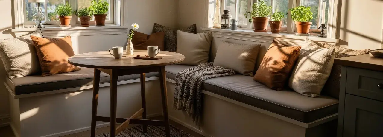 Gemütliche Ecke mit Kissen und Decke, inspiriert vom Gedanken, eine **Eckbank selber bauen** zu wollen. Ein runder Tisch mit Tassen und einer Blume.