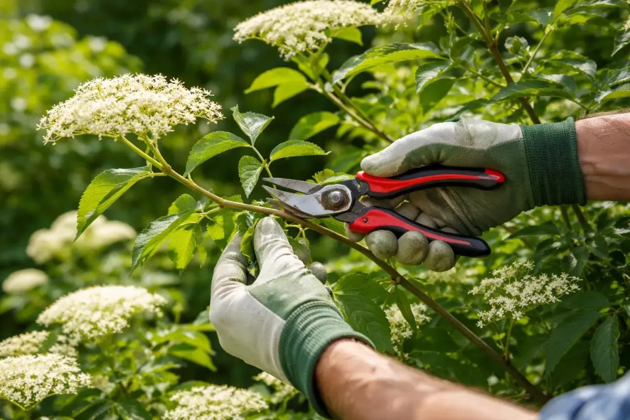 Hände mit Handschuhen schneiden mit einer Gartenschere einen Ast eines blühenden Holunderstrauchs.