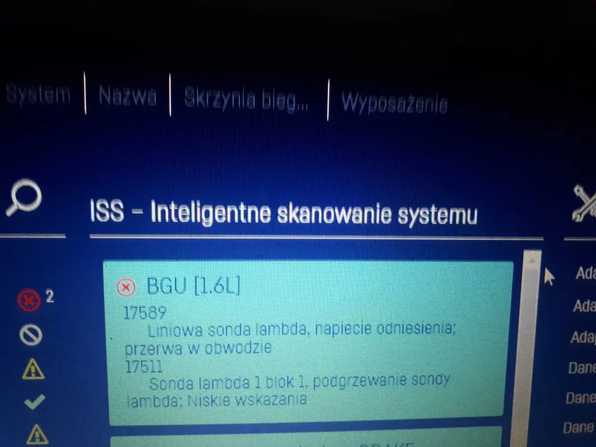 Błąd sondy lambda w BGU [1.6L], p1641: przerwa w obwodzie i niskie wskazania podgrzewania.