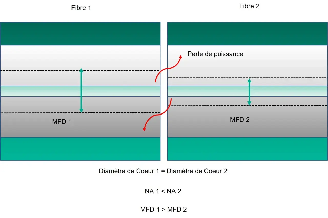 Comparaison de deux fibres optiques. Le diamètre de cœur est identique, mais la Fibre 2 subit une perte de puissance due à un MFD plus grand.
