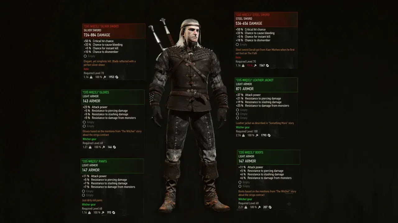Geralt w zbroi "Coś Więcej" - najlepsza zbroja w Wiedźminie 3, z mieczami i statystykami.