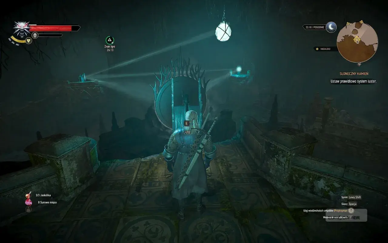 Geralt stoi przed mechanizmem Słonecznego Kamienia w Wiedźminie 3, gotów do rozwiązania zagadki luster.