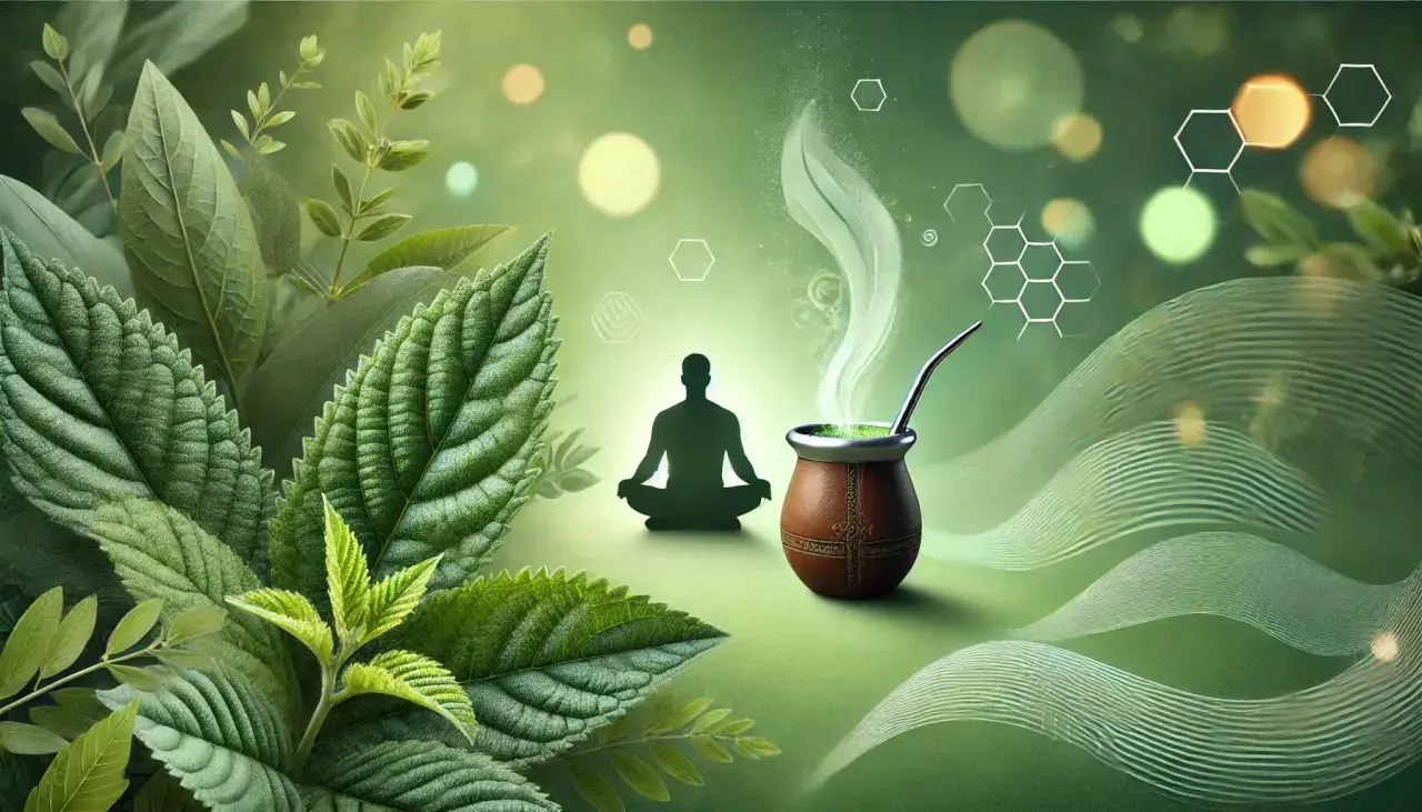Zielone liście, naczynie z yerba mate i sylwetka medytującej osoby. Obrazek symbolizuje, jak działa yerba mate – połączenie natury, spokoju i energii.