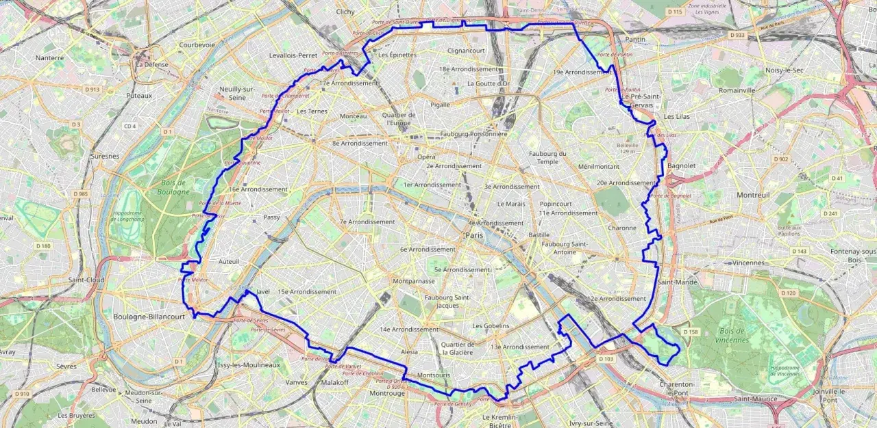 Carte de Paris délimitant un périmètre bleu, incluant le Bois de Boulogne et le Bois de Vincennes. La gr 75 est visible.