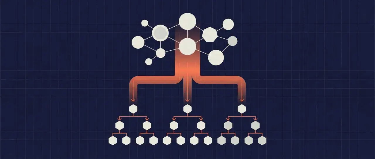 Schéma hiérarchique de nœuds connectés, illustrant la distribution d'informations ou de requêtes, comme dans un système DNS IP.