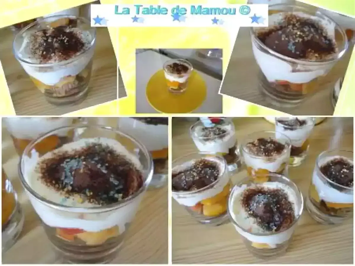 Délicieux tiramisu nectarine en verrines, superposant fruits, crème et cacao. Parfait pour un dessert fruité et gourmand.