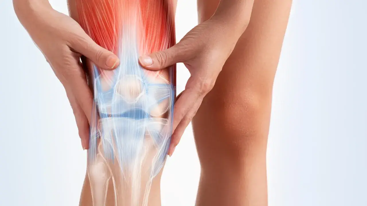 Manos que alivian dolores musculares y articulares en la rodilla, mostrando la anatomía ósea y muscular.