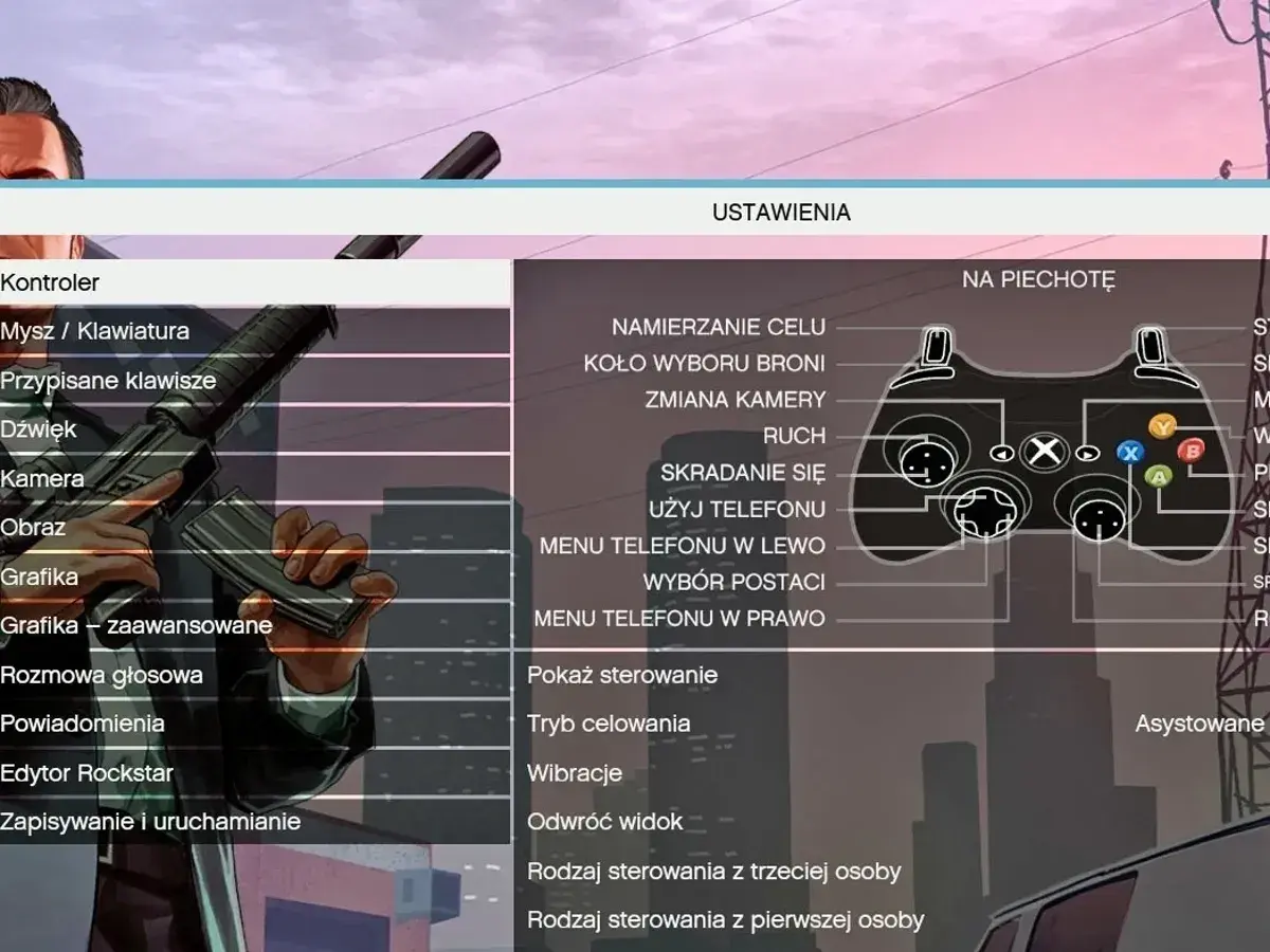Ustawienia kontrolera GTA V na Xbox One. Menu zawiera opcje jak "Mysz/Klawiatura", "Grafika", "Edytor Rockstar". Nie ma tu bezpośrednich instrukcji jak zainstalować mody do GTA 5 na Xbox One.