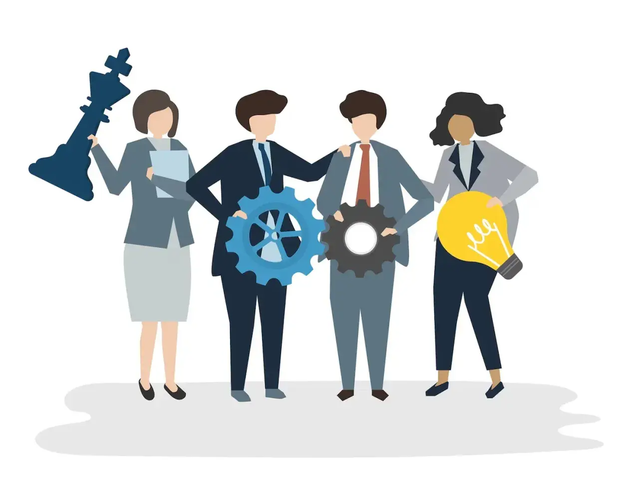 Teamwork illustrates how chain of command works: a king chess piece, gears, and a lightbulb symbolize strategy, execution, and innovation.