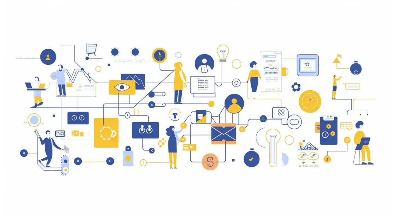 Illustration d'un réseau complexe de processus, symbolisant la publicité programmatique. Des icônes et des personnages interagissent dans un flux de données.
