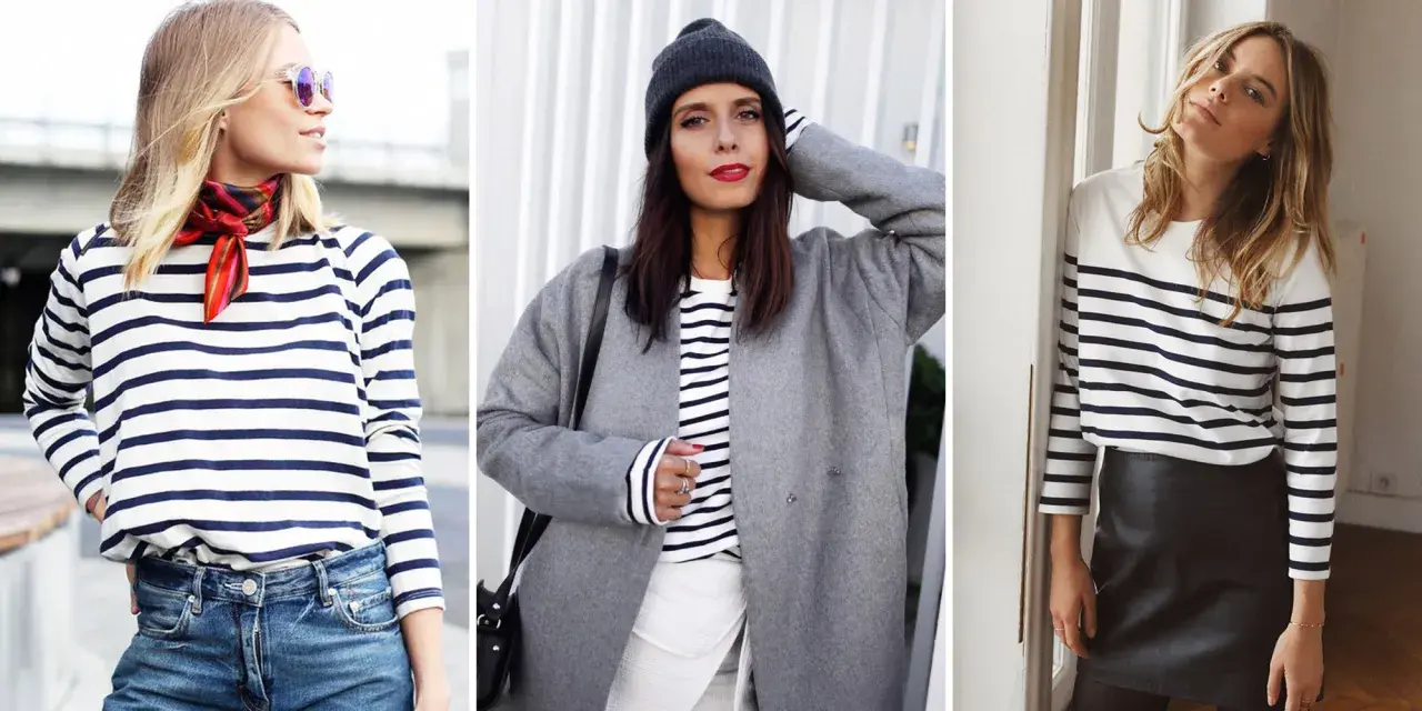 Trois femmes adoptent un look avec marinière : l'une avec un foulard coloré et jean, l'autre avec un manteau gris et bonnet, la troisième avec une jupe en cuir.