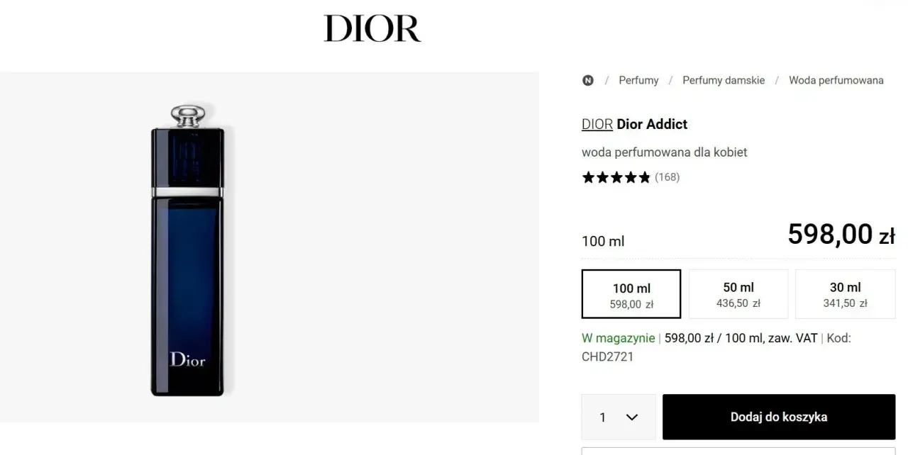Elegancka, ciemnoniebieska butelka Dior Addict perfumy, woda perfumowana dla kobiet, prezentowana na białym tle.