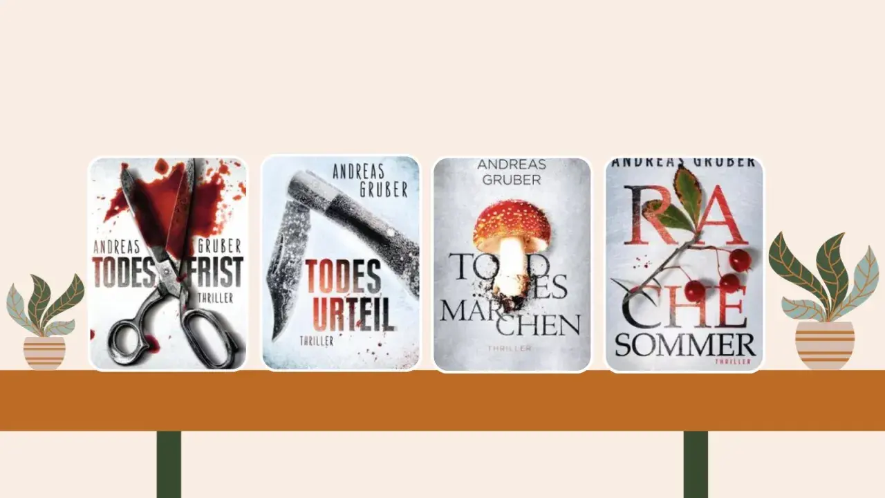 Andreas Gruber Reihenfolge: vier Thriller-Cover mit düsteren Motiven wie Schere, Messer, Fliegenpilz und Beeren.