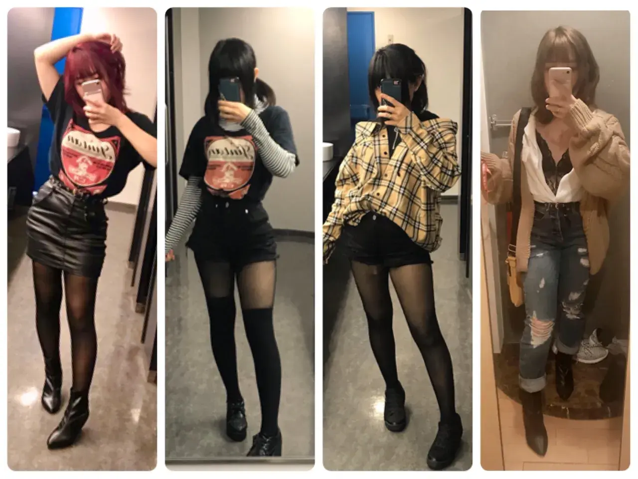 Cztery stylizacje dziewczyny w lustrze: rockowa, grunge, casual i elegancka.