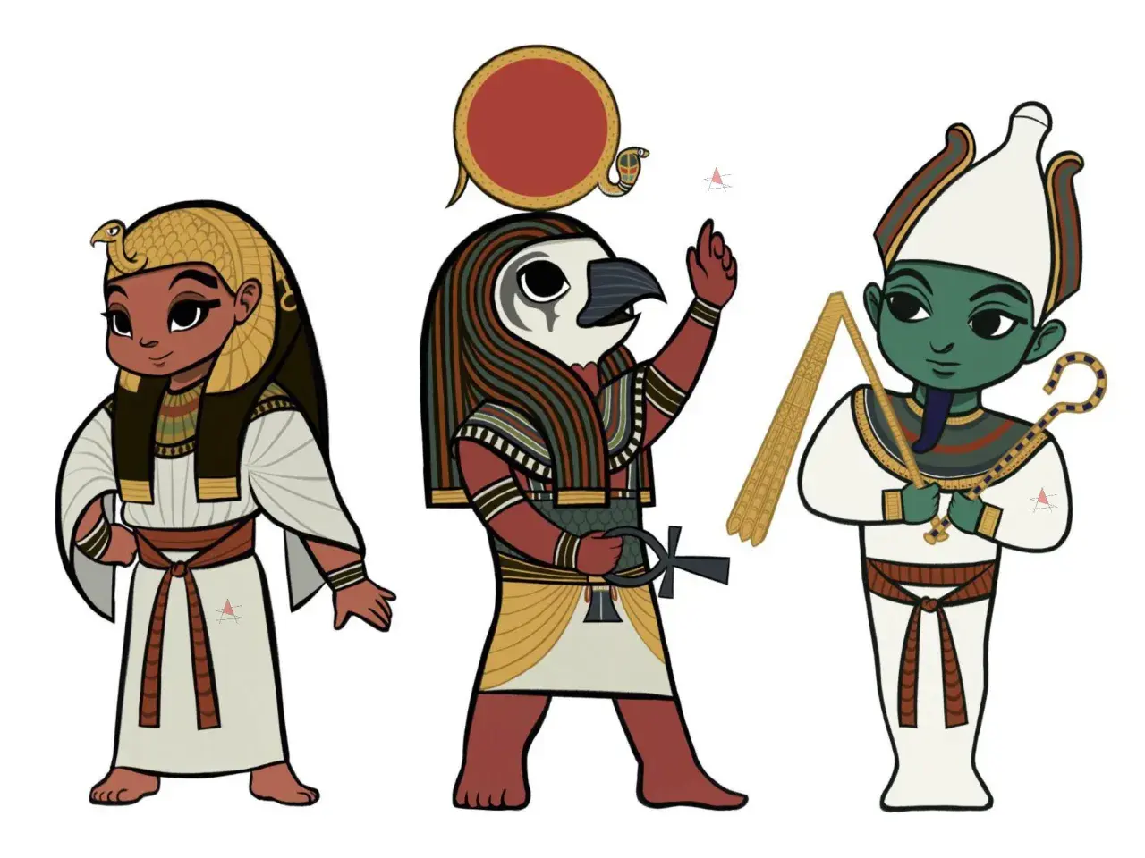 Tre stiliserade figurer av egyptisk gud. En kvinna med orm på huvudet, en man med falkhuvud och en grön man med krona.