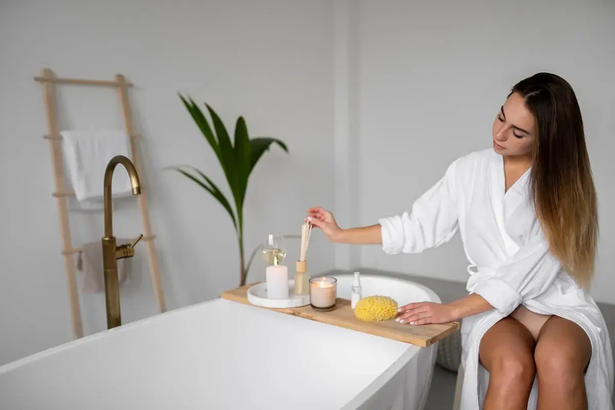 Mujer en bata blanca prepara su **zona de relax** en el baño, con velas, difusor y esponja.