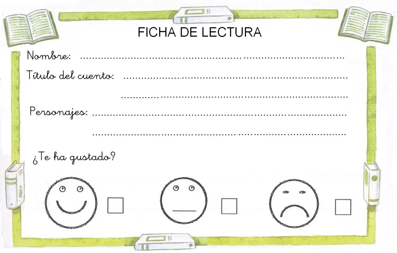 Ficha cuento infantil para escribir el nombre, título, personajes y calificar si te ha gustado con caritas.