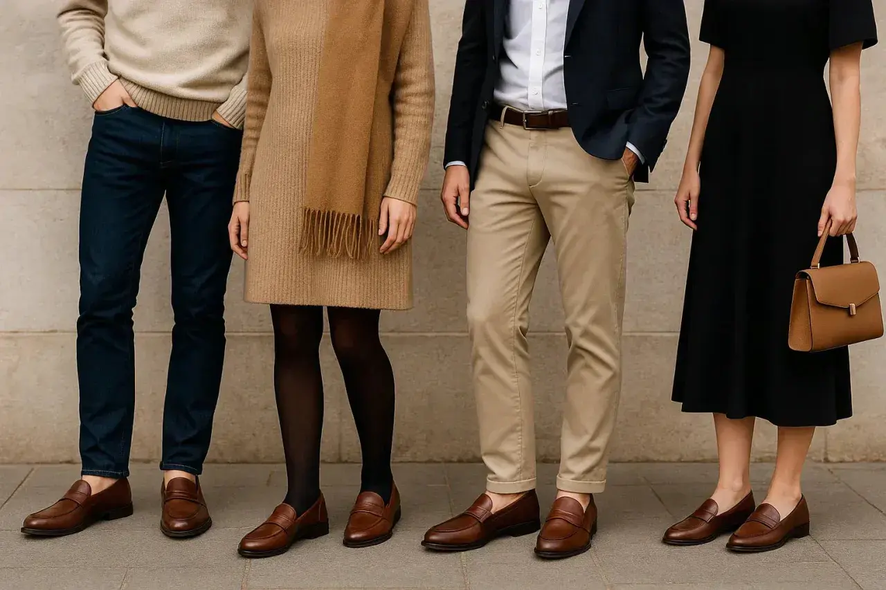 Un homme en jean noir et chaussure marron, aux côtés d'autres personnes élégantes.